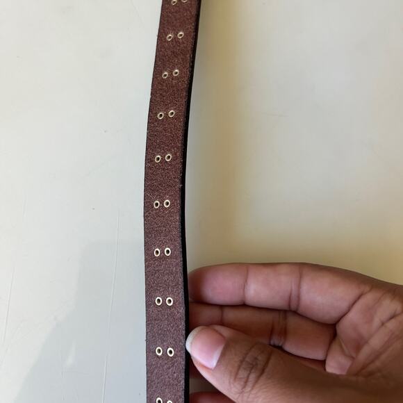 All Saints Pindot Gold Olive Green Studded Leather Skinny Waist Belt Womens XL